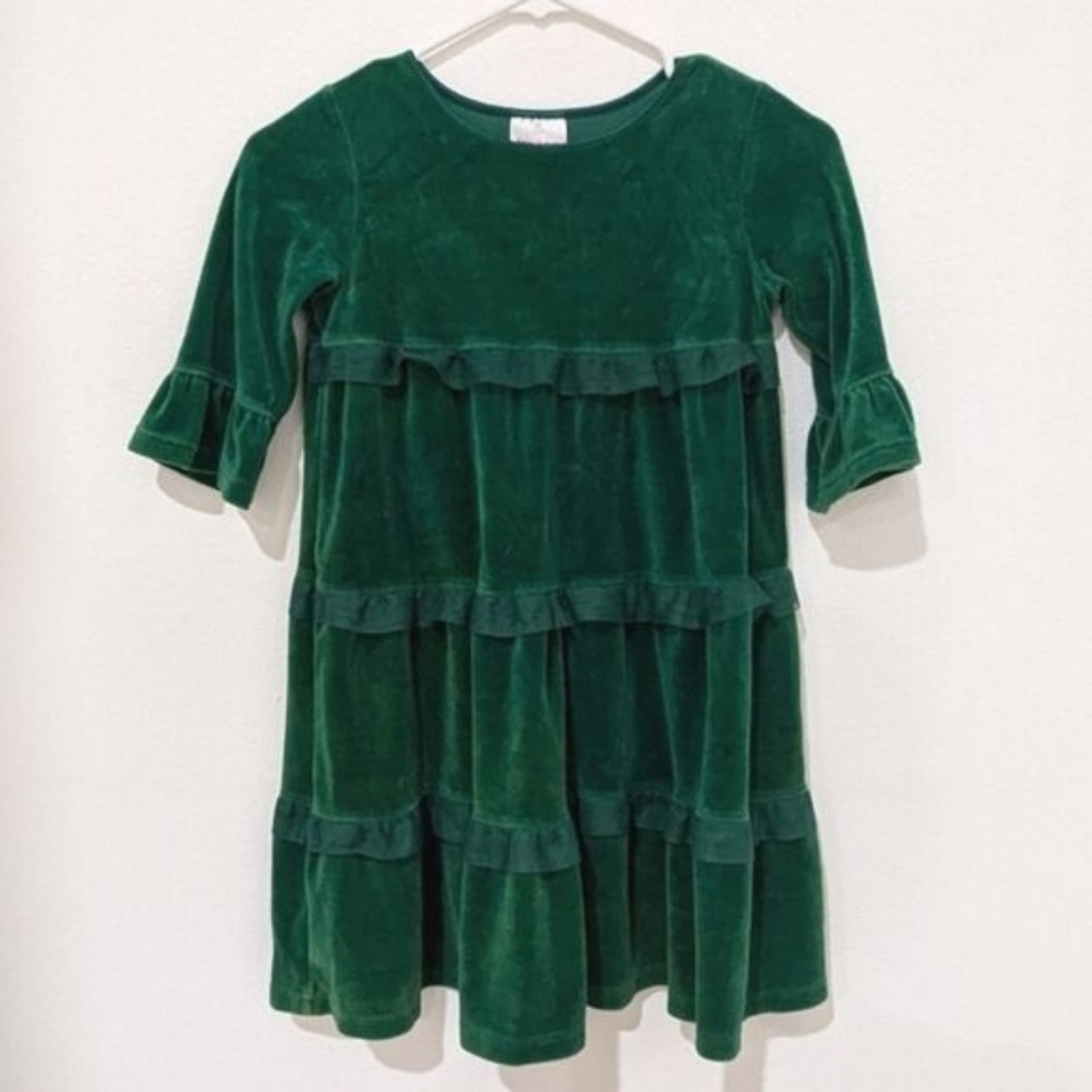 Hanna Andersson Little Girl Green Velvet Ruffle Tiered Long Sleeve Dress 120 6/7